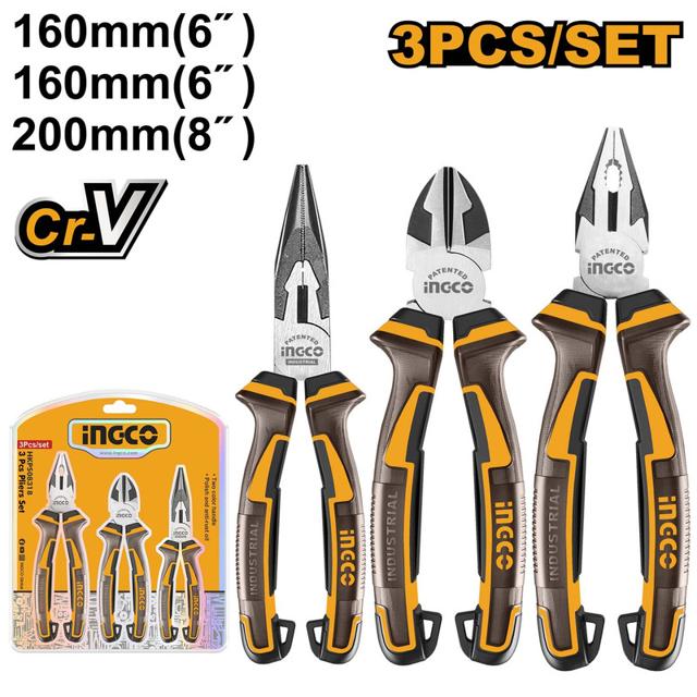 INGCO Pliers Set, 3 PCS/SET, Including 8" Combination Plier, 6" Long Nose Plier, 6" Diagonal Cutting Plier